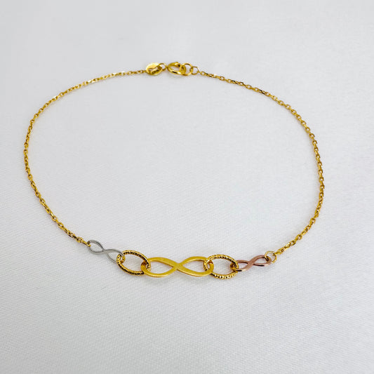 22k solid gold infinity bracelet with tricolour charms