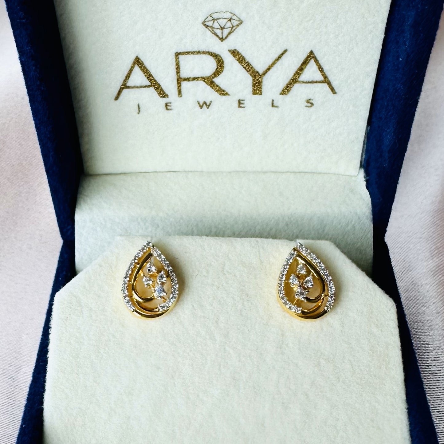 22k solid gold white cz studded drop earrings